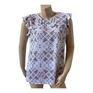 Worthington Ruffle Sleeve Lace Print Blouse Tan White Size Large